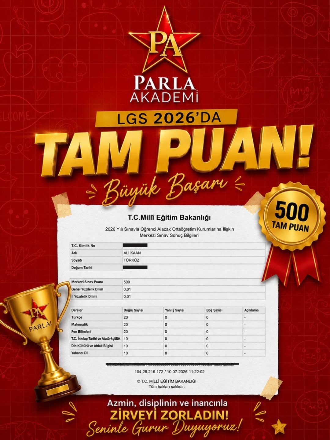 LGS 2026 500 Tam Puan Türkiye Birincisi Parla Akademi